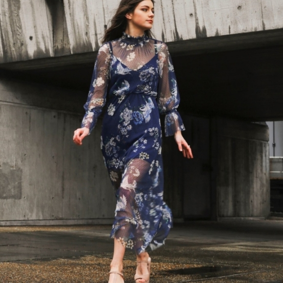 ASOS Dresses & Skirts - ASOS Mesh Navy Long Sleeve Romatic Maxi Dress White Cranes Polka Dot Floral SZ 8